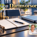 Darmvorsorge - Herbert Eder - Frequenzforscher Offener Terminplaner mit Stift und Brille auf einem Schreibtisch in einem hellen Besprechungsraum. Anna und Herbert sind rechts unten im Porträt-Badge zu sehen.