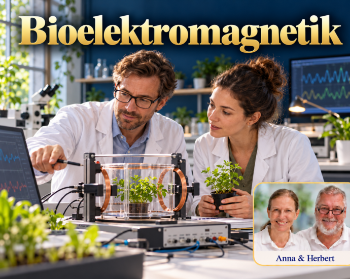 Zwei Forschende betrachten einen symbolischen Versuchsaufbau mit Pflanzen und Spulen zum Thema Bioelektromagnetik. Porträtbadge Anna und Herbert rechts unten.