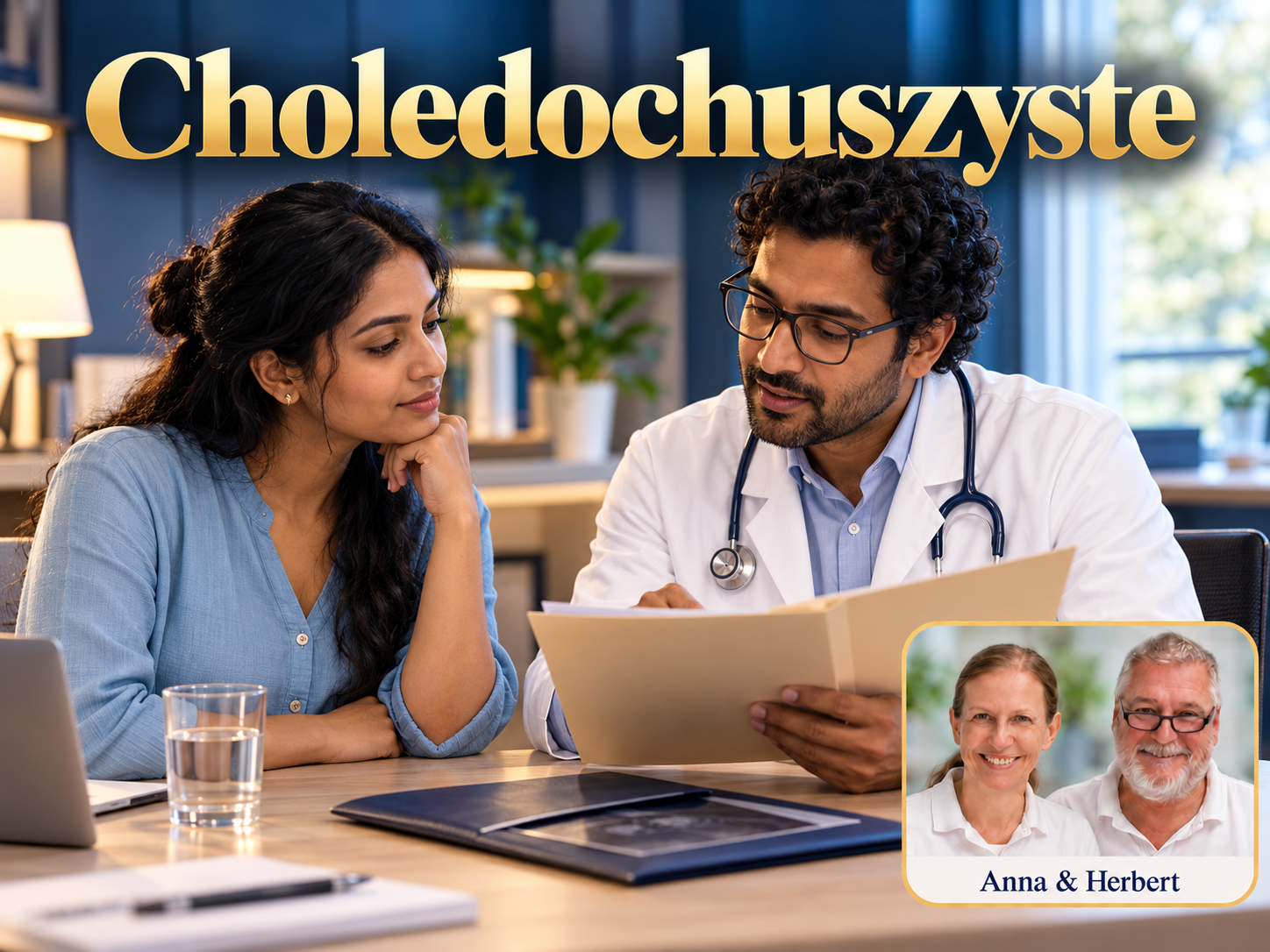 Choledochuszyste – Anna und Herbert - Herbert Eder - Frequenzforscher Frau und Mann im weißen Mantel betrachten eine Mappe unter dem Titel Choledochuszyste.