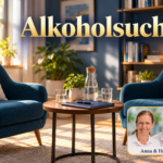 Alkoholsucht – Anna und Herbert - Herbert Eder - Frequenzforscher Einladender Beratungsraum mit zwei leeren Sesseln, Wasserkaraffe und geschlossener Mappe. Porträtbadge Anna und Herbert rechts unten.