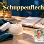Schuppenflechte – Anna und Herbert - Herbert Eder - Frequenzforscher Unbeschriftete Cremedose neben einem weichen Tuch und einem geöffneten Terminplaner. Porträtbadge Anna und Herbert rechts unten.