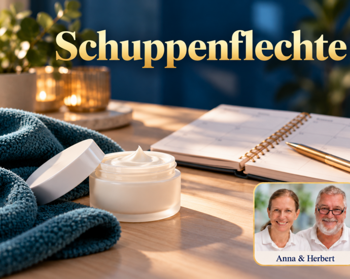 Unbeschriftete Cremedose neben einem weichen Tuch und einem geöffneten Terminplaner. Porträtbadge Anna und Herbert rechts unten.