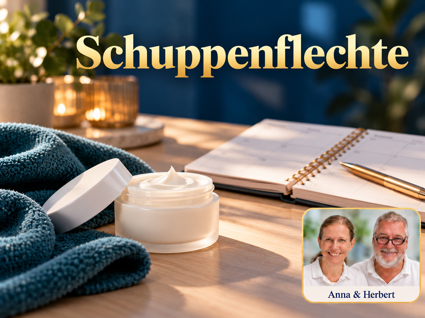 Schuppenflechte – Anna und Herbert - Herbert Eder - Frequenzforscher Offener weißer Cremetiegel, Handtuch und Notizbuch unter dem Titel Schuppenflechte.