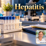 Hepatitis B - Herbert Eder - Frequenzforscher Verschlossene Probenröhrchen, Mappe und Stift in einem Labor; Anna und Herbert rechts unten.