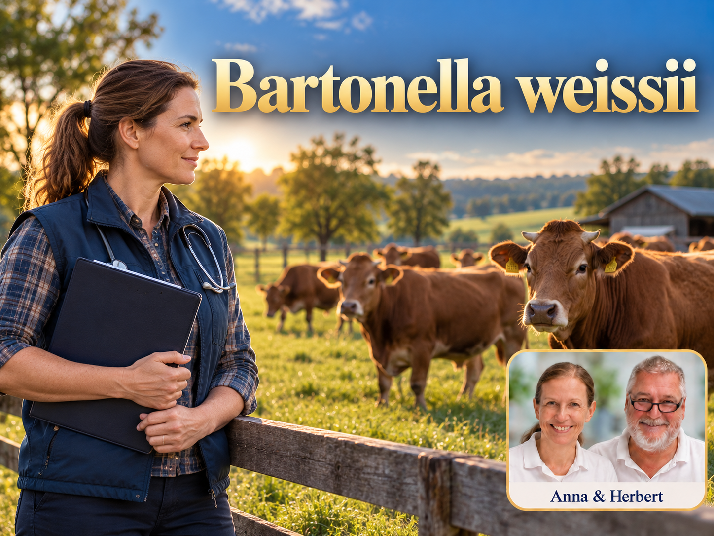 Bartonella weissii – Anna und Herbert - Herbert Eder - Frequenzforscher Frau mit Klemmbrett vor Rindern auf einer Weide unter dem Titel Bartonella weissii.
