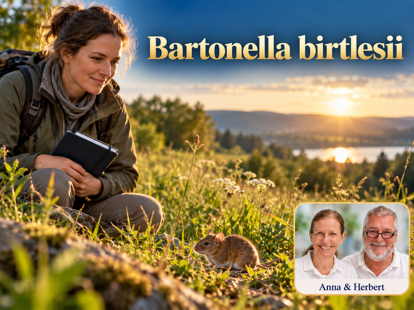 Bartonella birtlesii – Anna und Herbert - Herbert Eder - Frequenzforscher Frau mit Notizbuch beobachtet ein kleines Nagetier im Gras unter dem Titel Bartonella birtlesii.