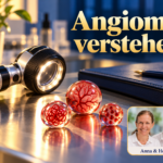 Angiome verstehen – Anna und Herbert - Herbert Eder - Frequenzforscher Rote kugelförmige Gefäßmodelle neben einem Dermatoskop unter dem Titel Angiome verstehen.
