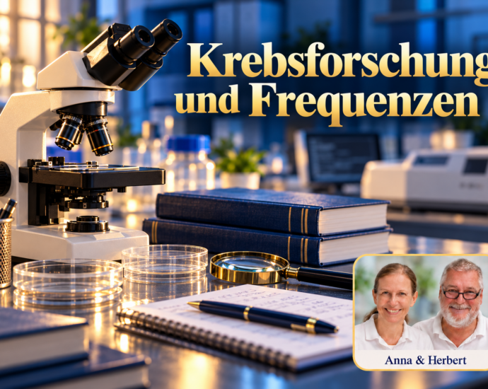Mikroskop, Petrischalen und Bücher unter dem Titel Krebsforschung und Frequenzen.