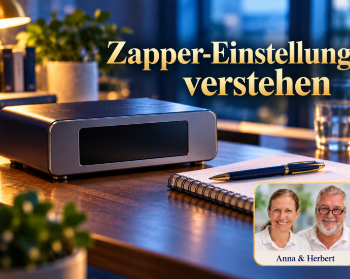 Geschlossenes neutrales Gerät neben Notizbuch und Stift. Symbolbild zum Verständnis von Zapper-Einstellungen, keine konkrete Geräteanzeige; Anna & Herbert rechts unten. Porträtbadge Anna und Herbert rechts unten.