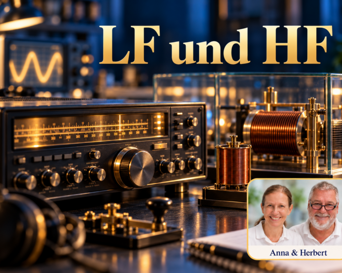 Ein Radio, Spulen unter Glas und ein unscharfes Oszilloskop in einer illustrierten Arbeitsumgebung; Porträt-Badge Anna und Herbert rechts unten.