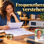 Frequenztherapie verstehen – Anna und Herbert - Herbert Eder - Frequenzforscher Frau liest Unterlagen neben einem elektronischen Gerät unter dem Titel Frequenztherapie verstehen.