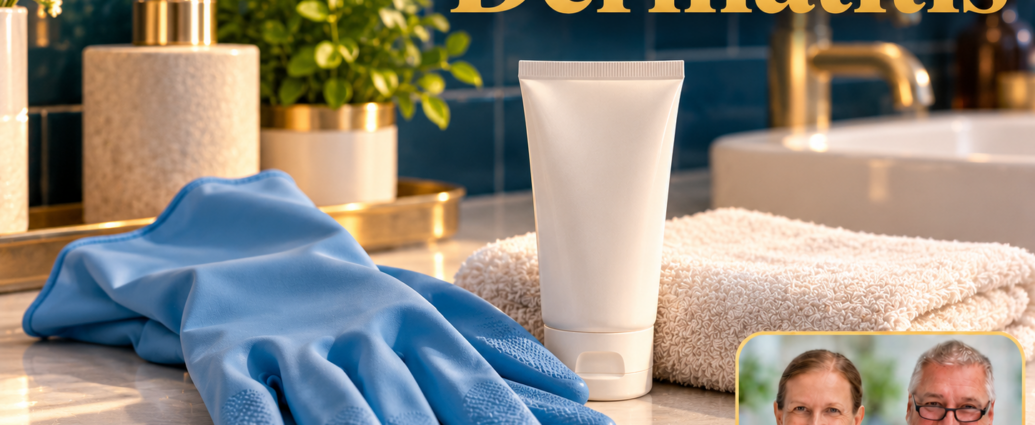 Dermatitis – Anna und Herbert - Herbert Eder - Frequenzforscher Blaue Schutzhandschuhe neben einer unbeschrifteten Pflegetube und einem weichen Handtuch im Badezimmer. Porträtbadge Anna und Herbert rechts unten.