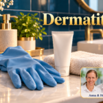 Dermatitis – Anna und Herbert - Herbert Eder - Frequenzforscher Blaue Schutzhandschuhe neben einer unbeschrifteten Pflegetube und einem weichen Handtuch im Badezimmer. Porträtbadge Anna und Herbert rechts unten.