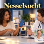 Nesselsucht – Anna und Herbert - Herbert Eder - Frequenzforscher Fiktive Beratungsszene: Eine Frau zeigt auf ihren Unterarm und hält ein Smartphone zur Veranschaulichung ihrer Beobachtungen. Porträtbadge Anna und Herbert rechts unten.