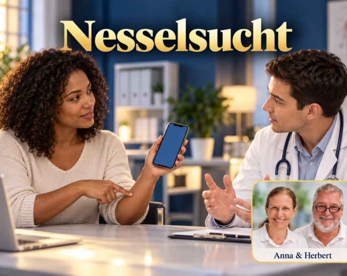 Fiktive Beratungsszene: Eine Frau zeigt auf ihren Unterarm und hält ein Smartphone zur Veranschaulichung ihrer Beobachtungen. Porträtbadge Anna und Herbert rechts unten.