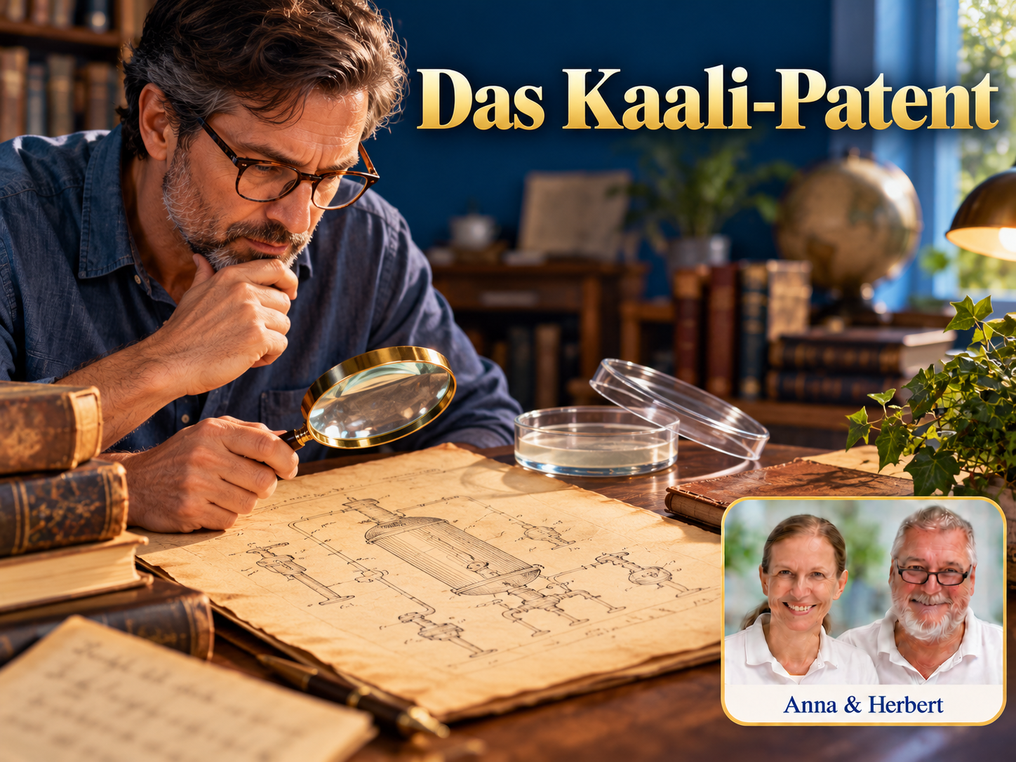 Das Kaali-Patent – Anna und Herbert - Herbert Eder - Frequenzforscher Mann betrachtet mit einer Lupe eine historische technische Zeichnung unter dem Titel Das Kaali-Patent.
