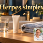 Herpes simplex - Herbert Eder - Frequenzforscher Unbeschriftete Cremetube, Handtücher und Wasserglas vor einem Waschbecken; Porträtbadge rechts unten.