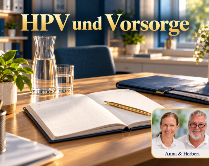 Otevřený diář, zlaté pero, složka a voda na stole; Anna a Herbert vpravo dole.