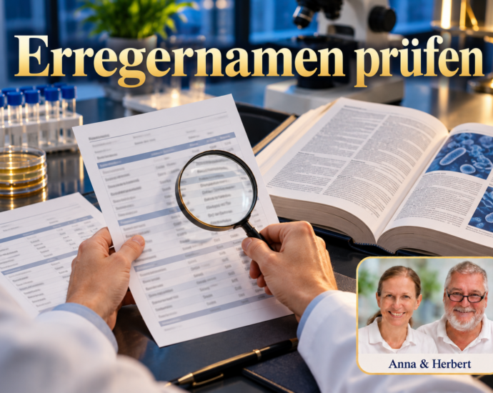 Due mani tengono una lente d'ingrandimento sopra una stampa, accanto a un libro aperto dal titolo “Verifica dei nomi degli agenti patogeni”.