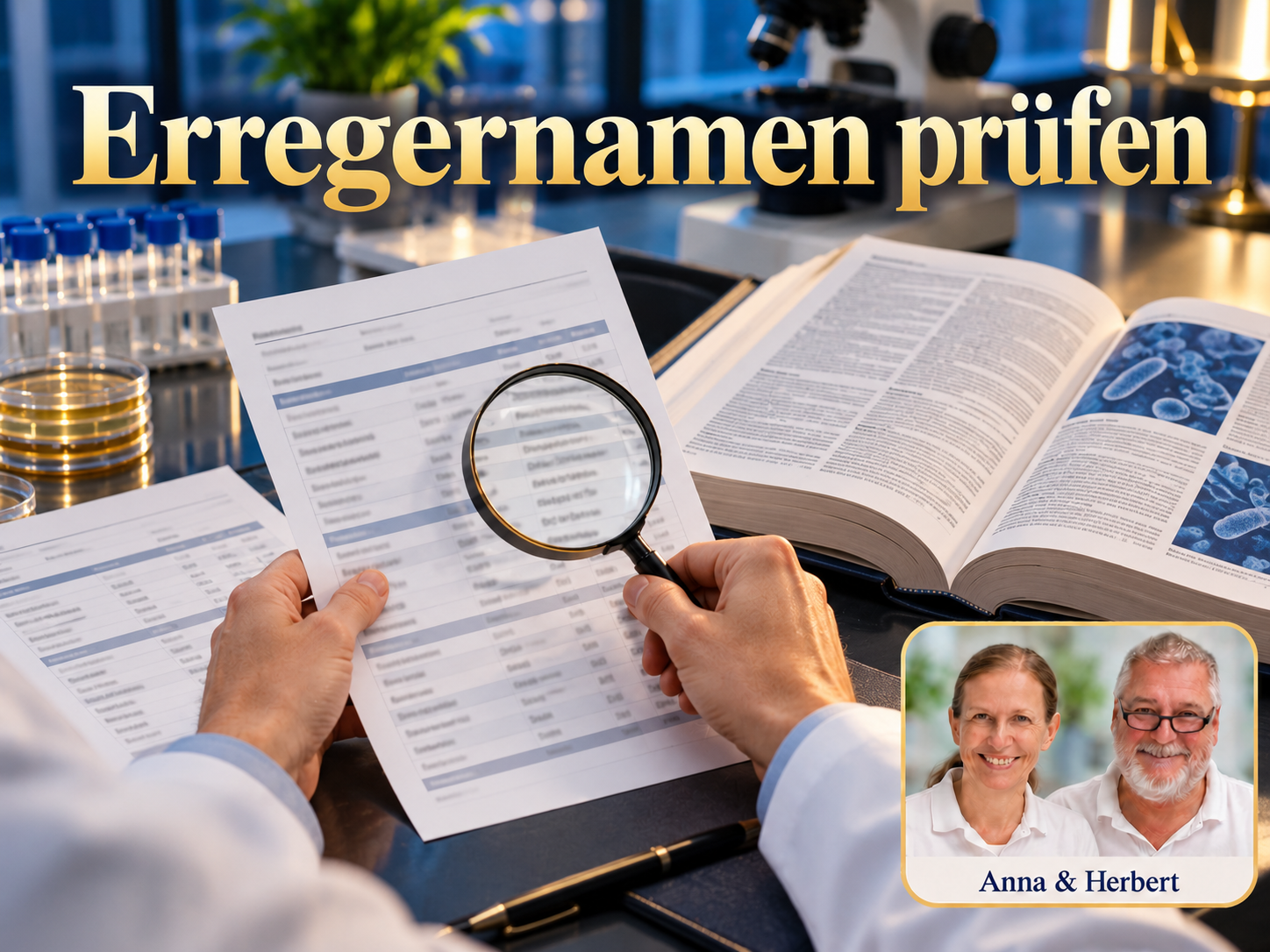 Erregernamen prüfen – Anna und Herbert - Herbert Eder - Frequenzforscher Hände halten eine Lupe über einem Ausdruck neben einem offenen Buch unter dem Titel Erregernamen prüfen.