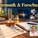 Harmonik & Forschung – Anna und Herbert - Herbert Eder - Frequenzforscher Stimmgabeln, Notenblätter und Notizbuch vor einem Bildschirm unter dem Titel Harmonik und Forschung.