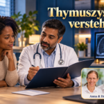 Thymuszyste verstehen – Anna und Herbert - Herbert Eder - Frequenzforscher Frau und Mann im weißen Mantel betrachten eine Mappe vor einem unscharfen Bild unter dem Titel Thymuszyste verstehen.