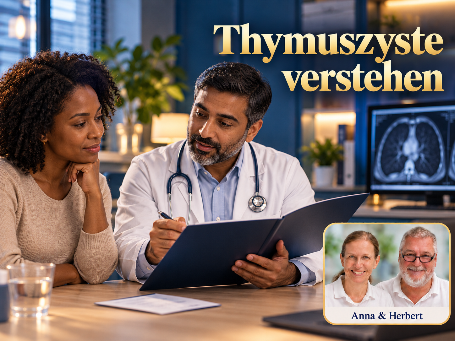 Thymuszyste verstehen – Anna und Herbert - Herbert Eder - Frequenzforscher Frau und Mann im weißen Mantel betrachten eine Mappe vor einem unscharfen Bild unter dem Titel Thymuszyste verstehen.