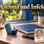 Asthma und Infekte - Herbert Eder - Frequenzforscher Modrý inhalátor, zavřený zápisník a sklenice s vodou na stole; Anna a Herbert vpravo dole.
