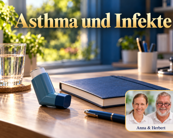 Un inhalador azul, un cuaderno cerrado y un vaso de agua sobre una mesa; Anna y Herbert abajo a la derecha.