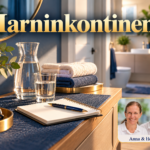 Urinary Incontinence – Anna and Herbert - Herbert Eder - Frequency Researcher A notebook, a water carafe, and folded towels in a bright living space with a bathroom door. A portrait badge of Anna and Herbert in the lower right corner.