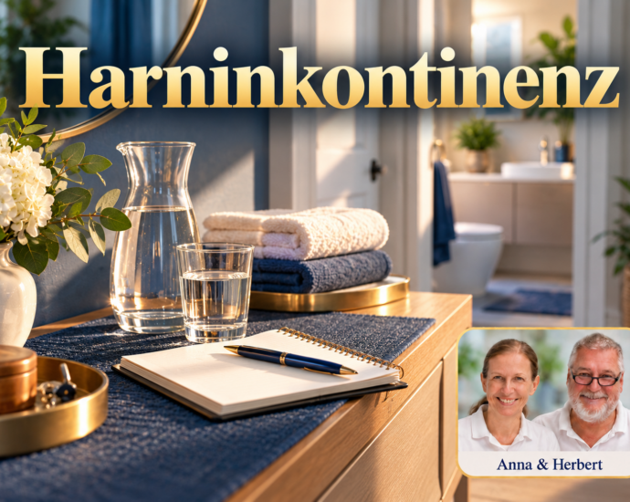 Notizbuch, Wasserkaraffe und gefaltete Handtücher in einer hellen Wohnumgebung mit Badezimmertür. Porträtbadge Anna und Herbert rechts unten.
