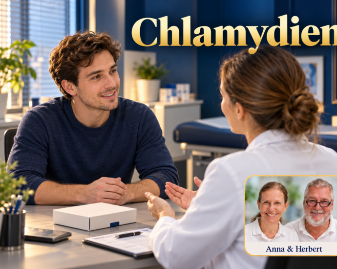 Mann spricht mit einer Person im weißen Mantel unter dem Titel Chlamydien.