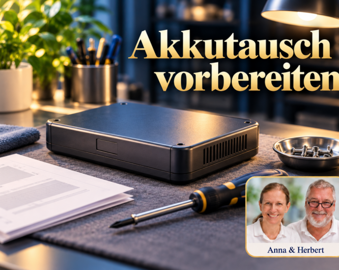 Geschlossenes neutrales Elektronikgehäuse, Schraubendreher, Schraubenschale und Anleitung auf einer Unterlage. Symbolbild zur Vorbereitung eines Akkutauschs, keine technische Produktabbildung; Anna & Herbert rechts unten. Porträtbadge Anna und Herbert rechts unten.