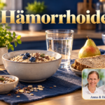 Hämorrhoiden – Anna und Herbert - Herbert Eder - Frequenzforscher Haferflocken, Vollkornbrot, eine Birne und ein Glas Wasser auf einem gedeckten Küchentisch. Porträtbadge Anna und Herbert rechts unten.