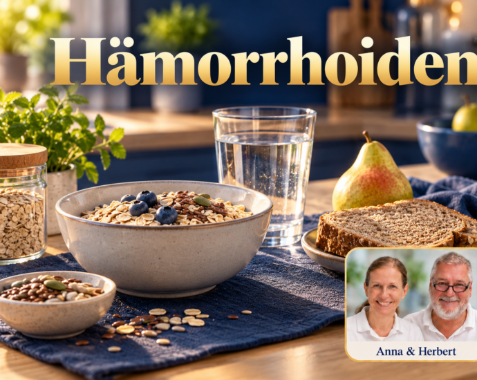 Oatmeal, whole-grain bread, a pear, and a glass of water on a set kitchen table. Portrait badges of Anna and Herbert in the lower right corner.