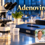 Adenoviren - Herbert Eder - Frequenzforscher A microscope, sealed sample containers, and a blue folder; a portrait badge of Anna and Herbert in the lower right corner.