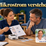 Mikrostrom verstehen – Anna und Herbert - Herbert Eder - Frequenzforscher Zwei Erwachsene betrachten eine Anleitung neben Gerät und Elektroden unter dem Titel Mikrostrom verstehen.