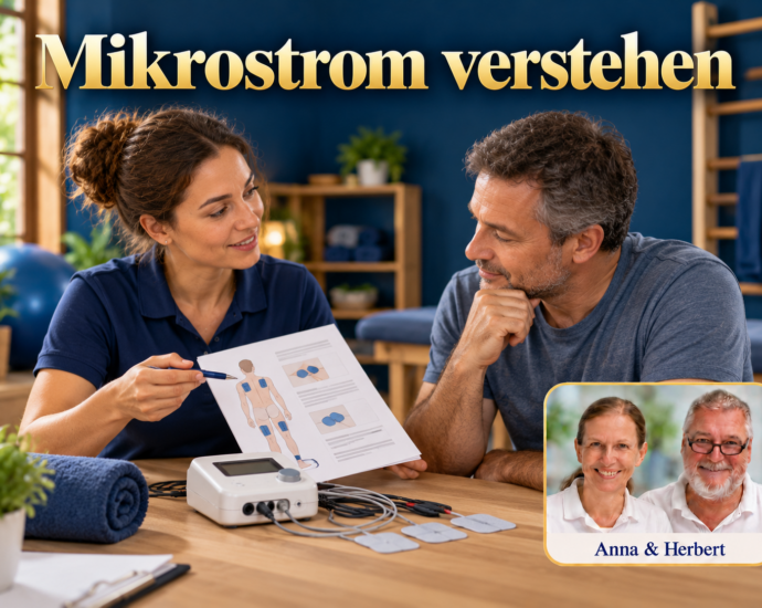 Zwei Erwachsene betrachten eine Anleitung neben Gerät und Elektroden unter dem Titel Mikrostrom verstehen.