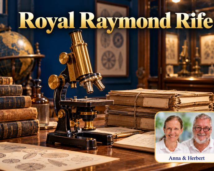 Altes Messingmikroskop neben Büchern unter dem Titel Royal Raymond Rife.