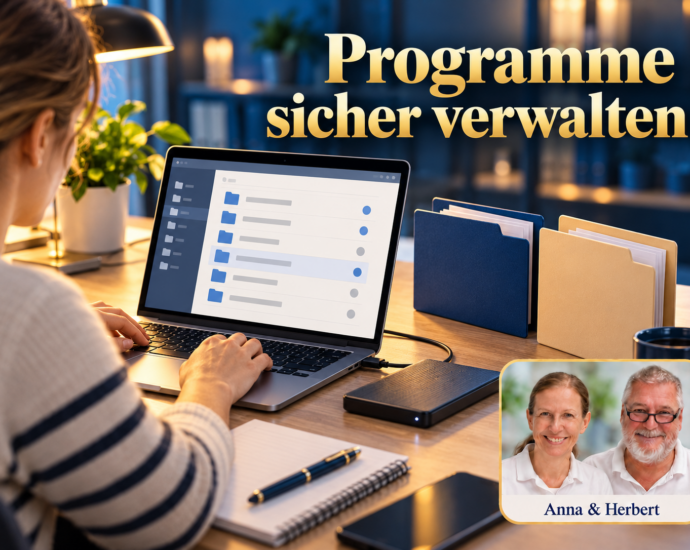 Eine Person bedient einen Laptop mit schematischer Dateiansicht neben externer Festplatte und zwei Aktenmappen. Symbolbild zur Programmverwaltung, keine echte Softwareoberfläche; Anna & Herbert rechts unten. Porträtbadge Anna und Herbert rechts unten.