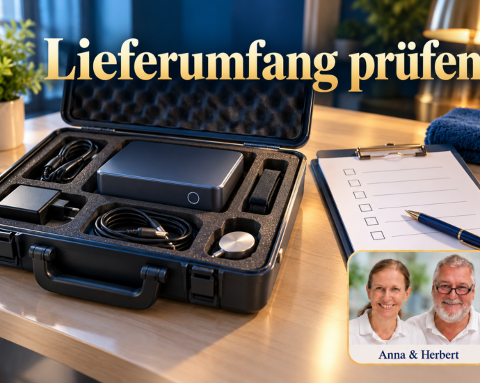 Geöffneter Transportkoffer mit neutralem Elektronikgerät und Zubehör neben einer Prüfliste. Symbolbild zur Kontrolle des Lieferumfangs, keine verbindliche Ausstattung; Anna & Herbert rechts unten. Porträtbadge Anna und Herbert rechts unten.