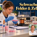 Schwache Felder & Zellen – Anna und Herbert - Herbert Eder - Frequenzforscher Frau mit Handschuhen prüft eine Zellkulturschale neben einer Spule unter dem Titel Schwache Felder und Zellen.
