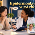 Epidermoidzyste verstehen – Anna und Herbert - Herbert Eder - Frequenzforscher Zwei Frauen, eine im weißen Mantel, besprechen Unterlagen unter dem Titel Epidermoidzyste verstehen.