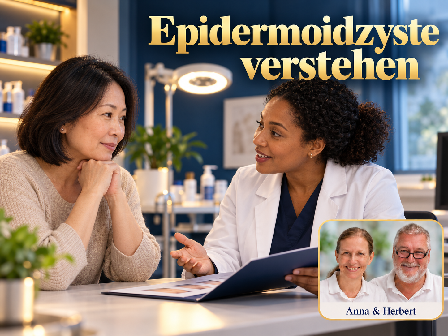 Epidermoidzyste verstehen – Anna und Herbert - Herbert Eder - Frequenzforscher Zwei Frauen, eine im weißen Mantel, besprechen Unterlagen unter dem Titel Epidermoidzyste verstehen.
