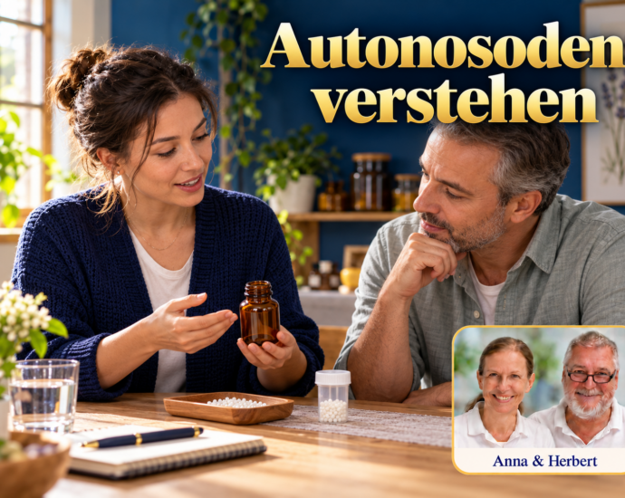 Zwei Erwachsene besprechen ein neutrales braunes Fläschchen und Globuli am Tisch als Symbol für die Einordnung von Autonosoden. Porträtbadge Anna und Herbert rechts unten.