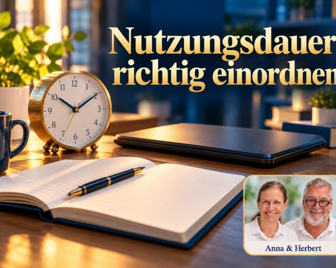 Eine Tischuhr, ein geschlossenes elektronisches Gerät und ein offenes Notizbuch. Symbolbild zur Planung von Beratungsfragen zur Nutzungsdauer; Anna & Herbert rechts unten. Porträtbadge Anna und Herbert rechts unten.