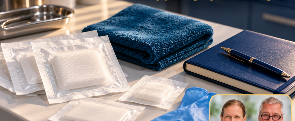 Karbunkel – Anna und Herbert - Herbert Eder - Frequenzforscher Verpackte Wundauflagen, Handschuhe, petrolfarbenes Handtuch und Notizbuch auf einer sauberen medizinischen Ablage. Porträtbadge Anna und Herbert rechts unten.