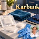 Karbunkel – Anna und Herbert - Herbert Eder - Frequenzforscher Verpackte Wundauflagen, Handschuhe, petrolfarbenes Handtuch und Notizbuch auf einer sauberen medizinischen Ablage. Porträtbadge Anna und Herbert rechts unten.