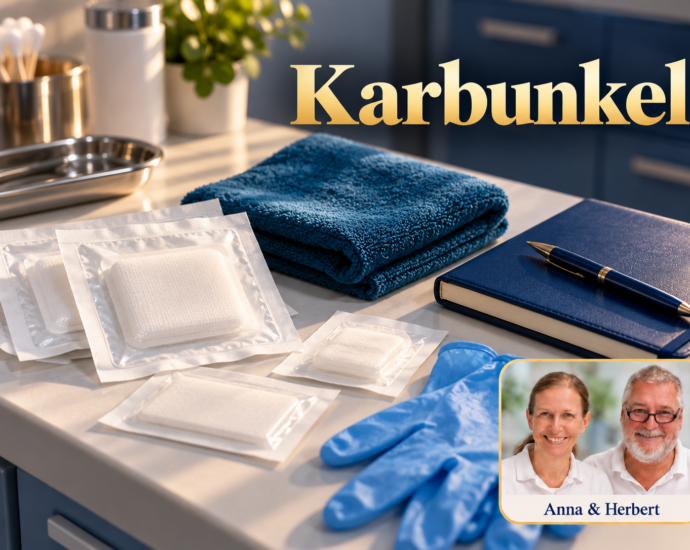 Verpackte Wundauflagen, Handschuhe, petrolfarbenes Handtuch und Notizbuch auf einer sauberen medizinischen Ablage. Porträtbadge Anna und Herbert rechts unten.