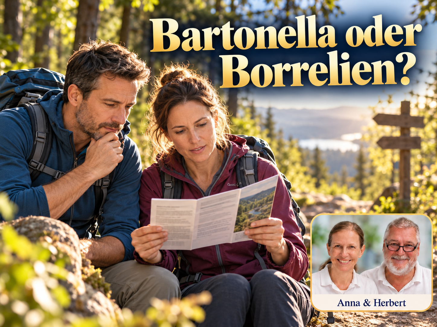 Bartonella oder Borrelien? – Anna und Herbert - Herbert Eder - Frequenzforscher Zwei Wandernde lesen eine Broschüre unter dem Titel Bartonella oder Borrelien?